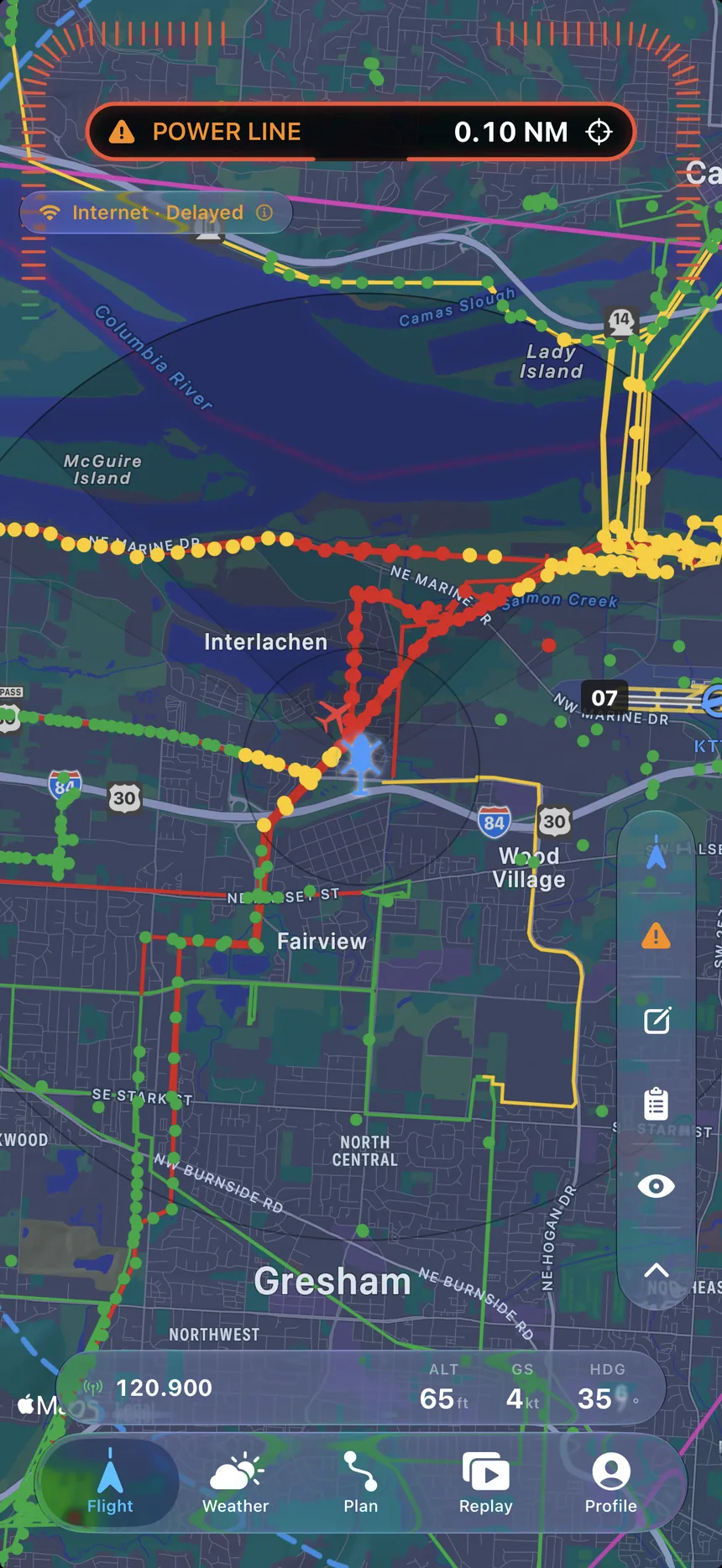 Soar Flight tab on a dark map showing a dense power-line network and a live POWER LINE 0.10 NM alert banner