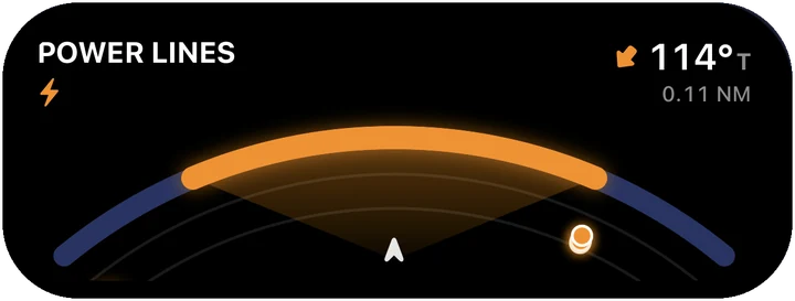 Dynamic Island Live Activity in the alert state: orange POWER LINES arc, threat blip, bearing 114 degrees true at 0.11 nautical miles