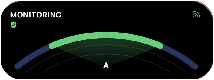 Dynamic Island Live Activity in the calm state: green MONITORING arc over the ownship marker, all clear
